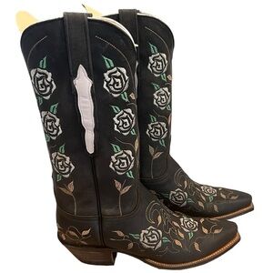 Lucchese Cowboy Boots Black Brown‎ Leather Floral Stitch Women’s 7.5 NEW Country